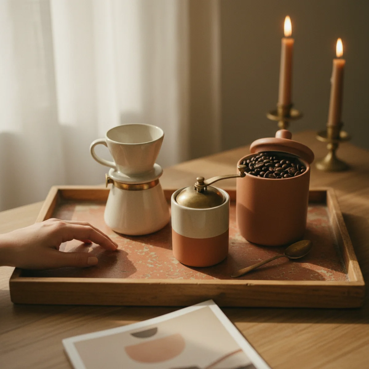 Coffee bar ideas — espresso machine, bean canister, two mugs on hooks, and folded linen cloth styled honestly on a credenza — Home Decor Aura
