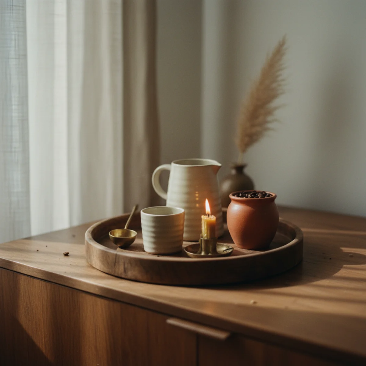 Coffee bar ideas — oiled walnut tray containing espresso machine and bean canister on a credenza with mugs on hooks above — Home Decor Aura