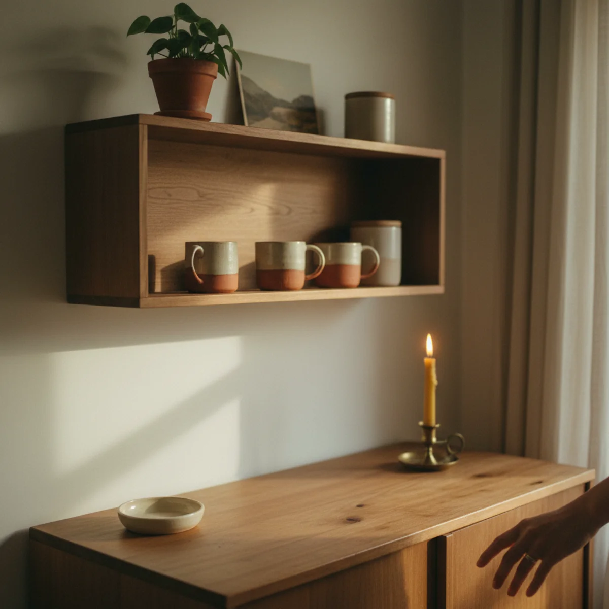 Coffee bar ideas — single oak open shelf above coffee bar holding bean canister set, ceramics, and small framed art — Home Decor Aura