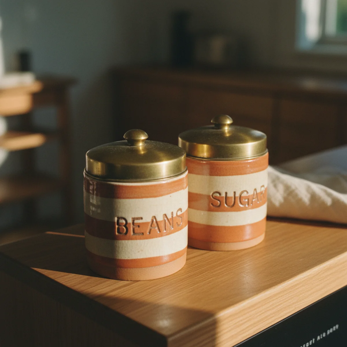 Coffee bar ideas — three varied-size glass canisters with bamboo lids holding beans, ground coffee, and sugar on an open shelf — Home Decor Aura