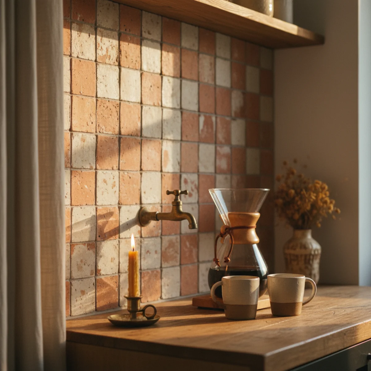 Coffee bar ideas — small zellige-style peel-and-stick tile backsplash behind a wooden coffee bar credenza with espresso machine — Home Decor Aura