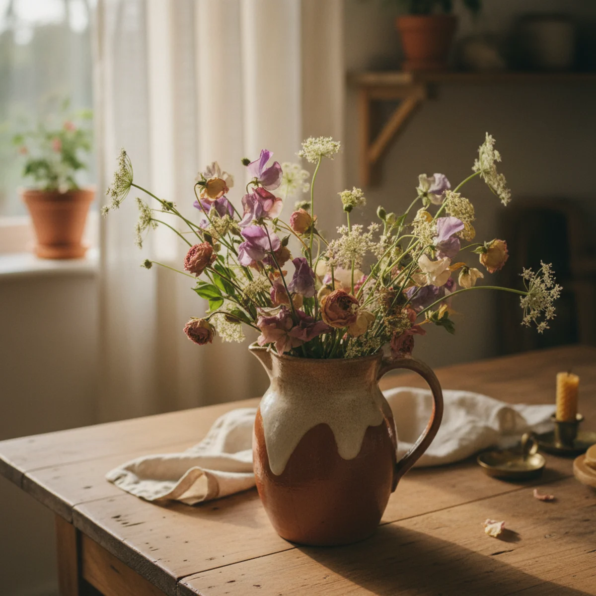 Cottagecore decor — fresh-cut garden cosmos and sweet peas arranged in a glass jar on a kitchen counter beside dried hydrangeas in a vintage white ceramic pitcher in a warm cottagecore home — Home Decor Aura