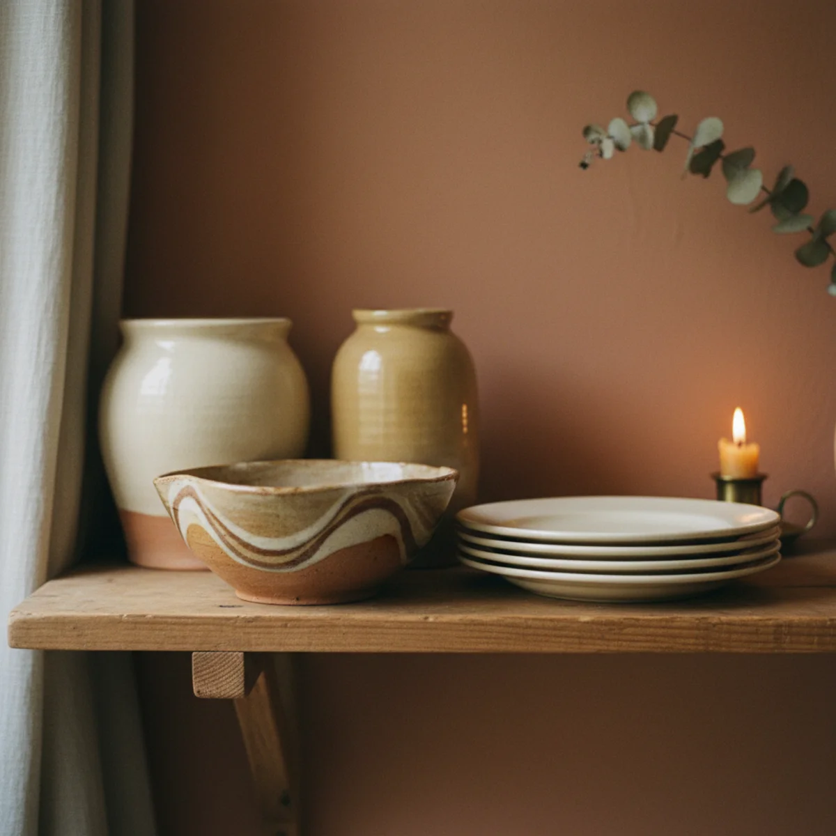 Cottagecore decor — kitchen open shelving displaying white ironstone pitchers, brown stoneware bowls, and vintage spongeware plates grouped by type in a warm cottagecore kitchen — Home Decor Aura
