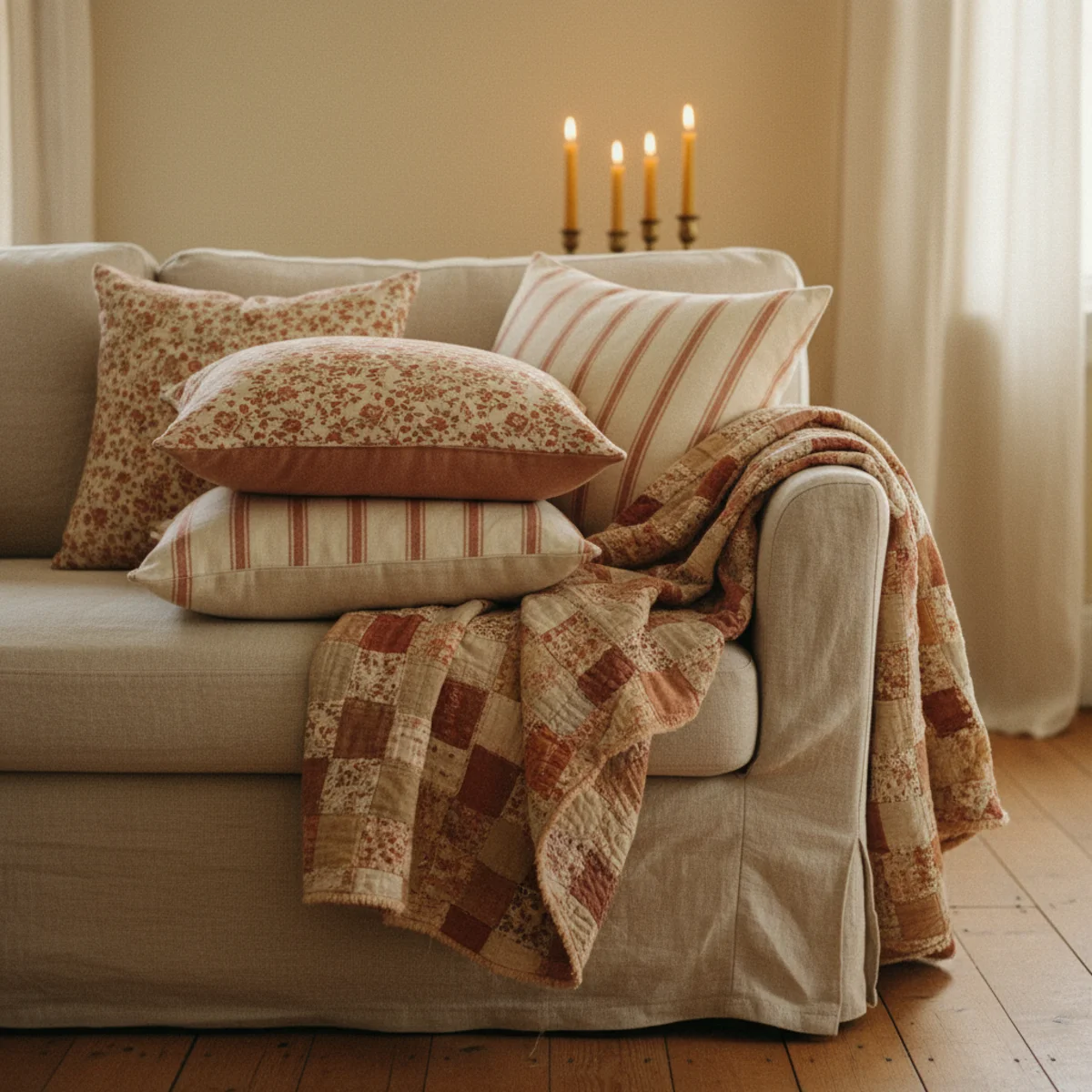 Cottagecore decor — bedroom with vintage faded patchwork quilt on bed, hand-embroidered pillowcases with lace trim, and embroidered linen runner on dresser showing layered vintage textile collection — Home Decor Aura