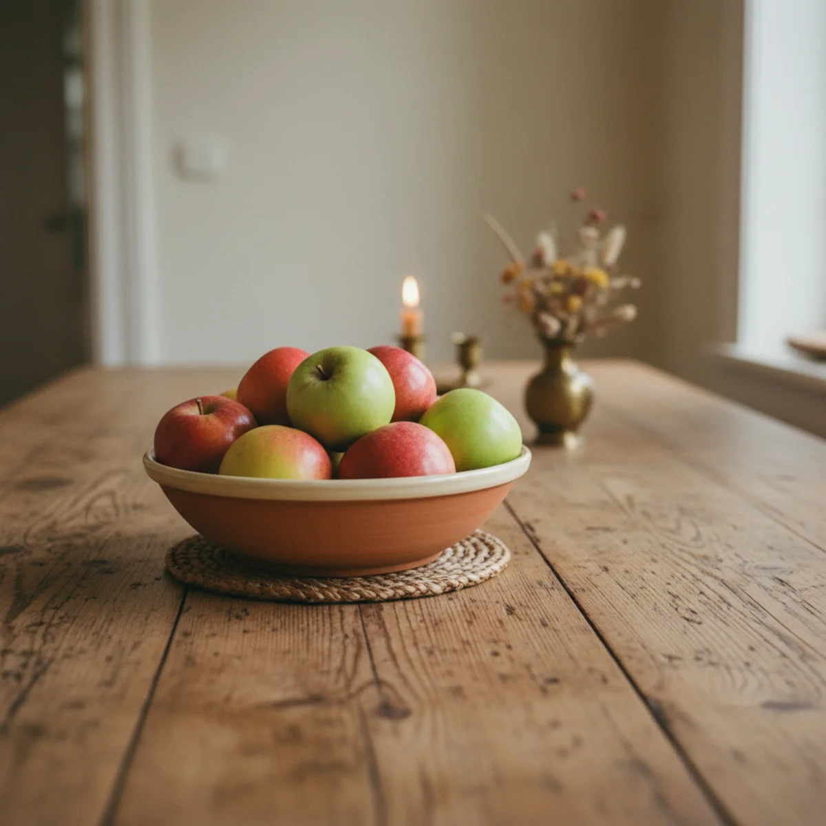 Cottagecore decor — vintage farmhouse pine table with visible original wear marks, water rings, and patina from decades of use in a warm cottagecore kitchen — Home Decor Aura