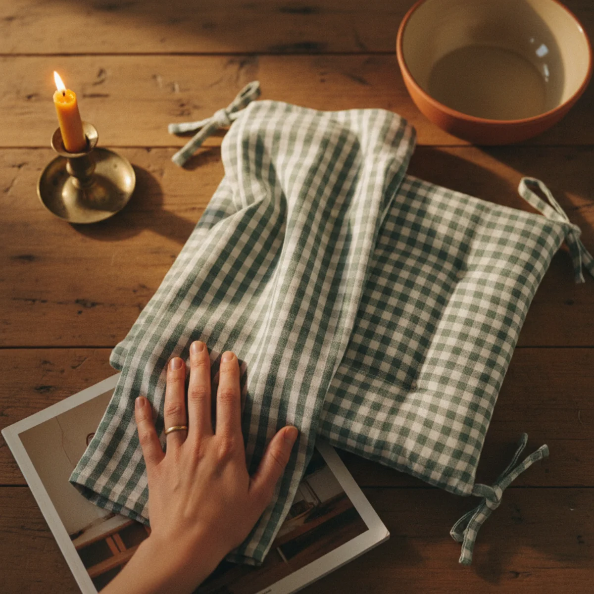 Cottagecore decor — small faded red gingham cushion on a Windsor chair beside cream ticking stripe pillow with subtle stripe on a vintage farmhouse bench in a warm cottagecore room — Home Decor Aura