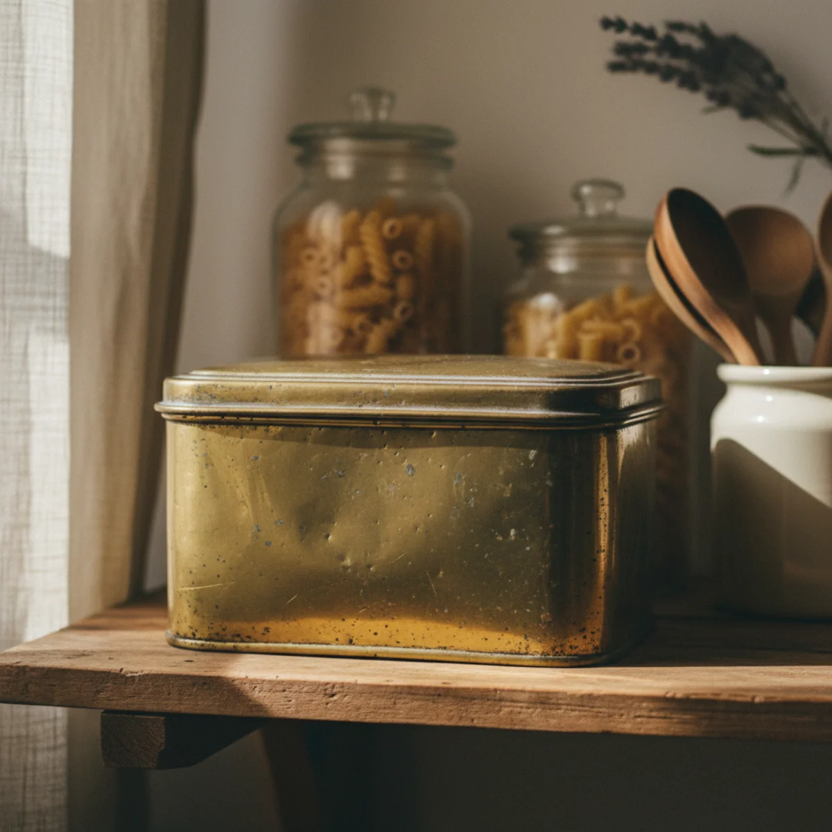 Cottagecore decor — cottagecore kitchen with ceramic crocks holding wooden utensils, copper pots hung on wall, glass storage jars with chalk labels, and vintage milk pitcher all visibly displayed for daily use — Home Decor Aura