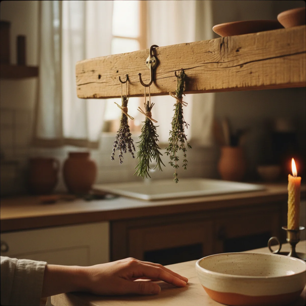 Cottagecore decor — kitchen with bundles of dried lavender, sage, rosemary, and dried roses tied with jute twine and hung from wooden beams overhead in a warm cottagecore kitchen — Home Decor Aura