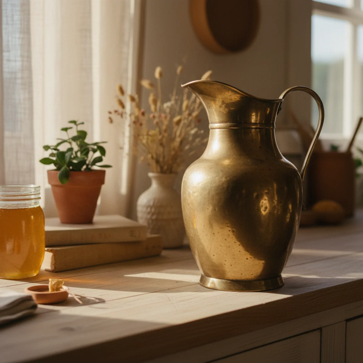 Cottagecore decor — kitchen counter warmly cluttered with stacked cookbooks, fresh-cut flowers in glass jar, half-burned candle, vintage scale, and small plant signaling inhabited household life — Home Decor Aura