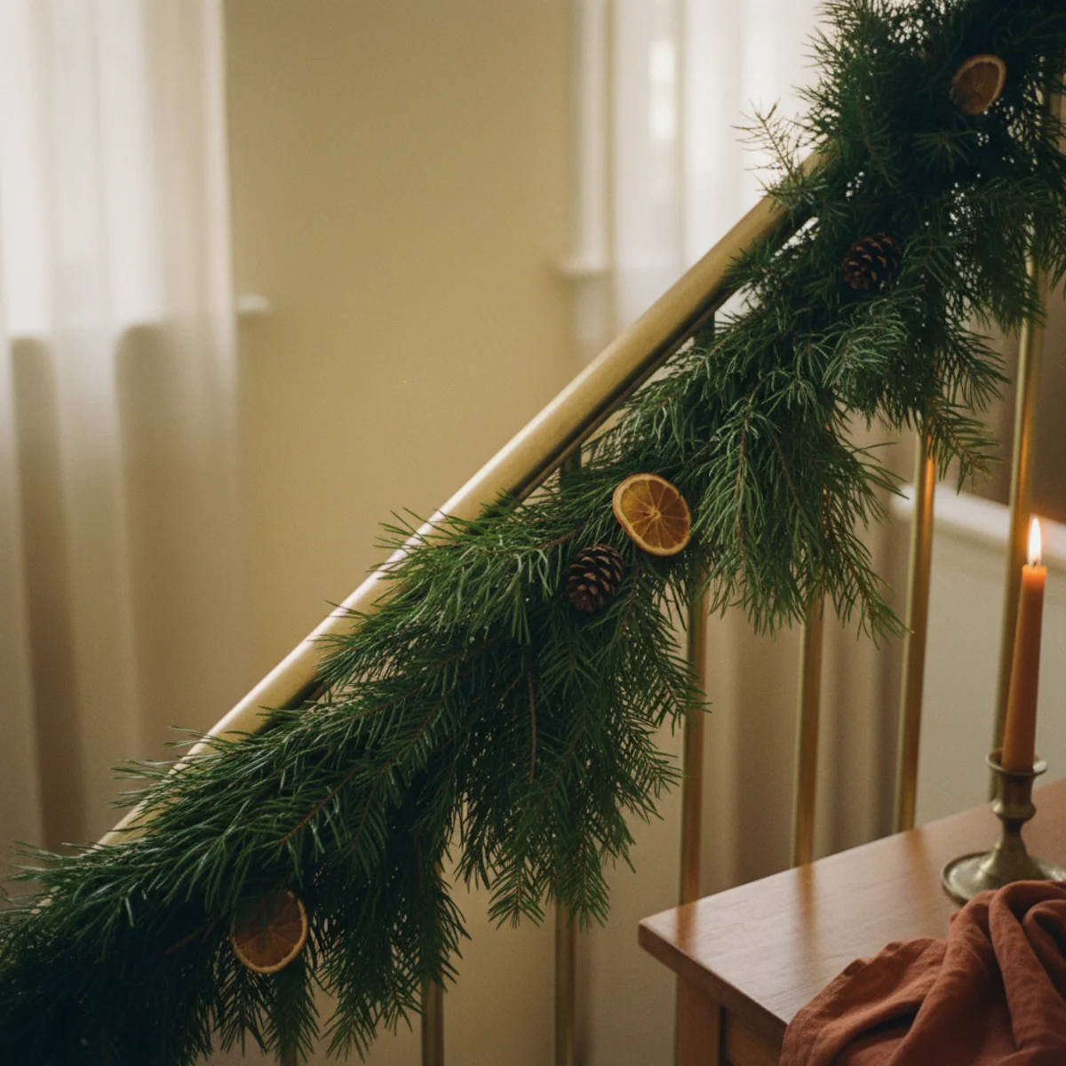 Cozy Christmas decor — fresh pine and cedar garland draped along a mantel with warm fairy lights woven through branches in a warm Christmas living room — Home Decor Aura