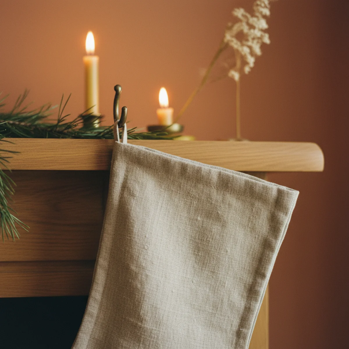 Cozy Christmas decor — five hand-knit wool and linen Christmas stockings in natural cream and muted earth tones hanging from a fresh-garland-draped mantel in a warm cozy Christmas interior — Home Decor Aura