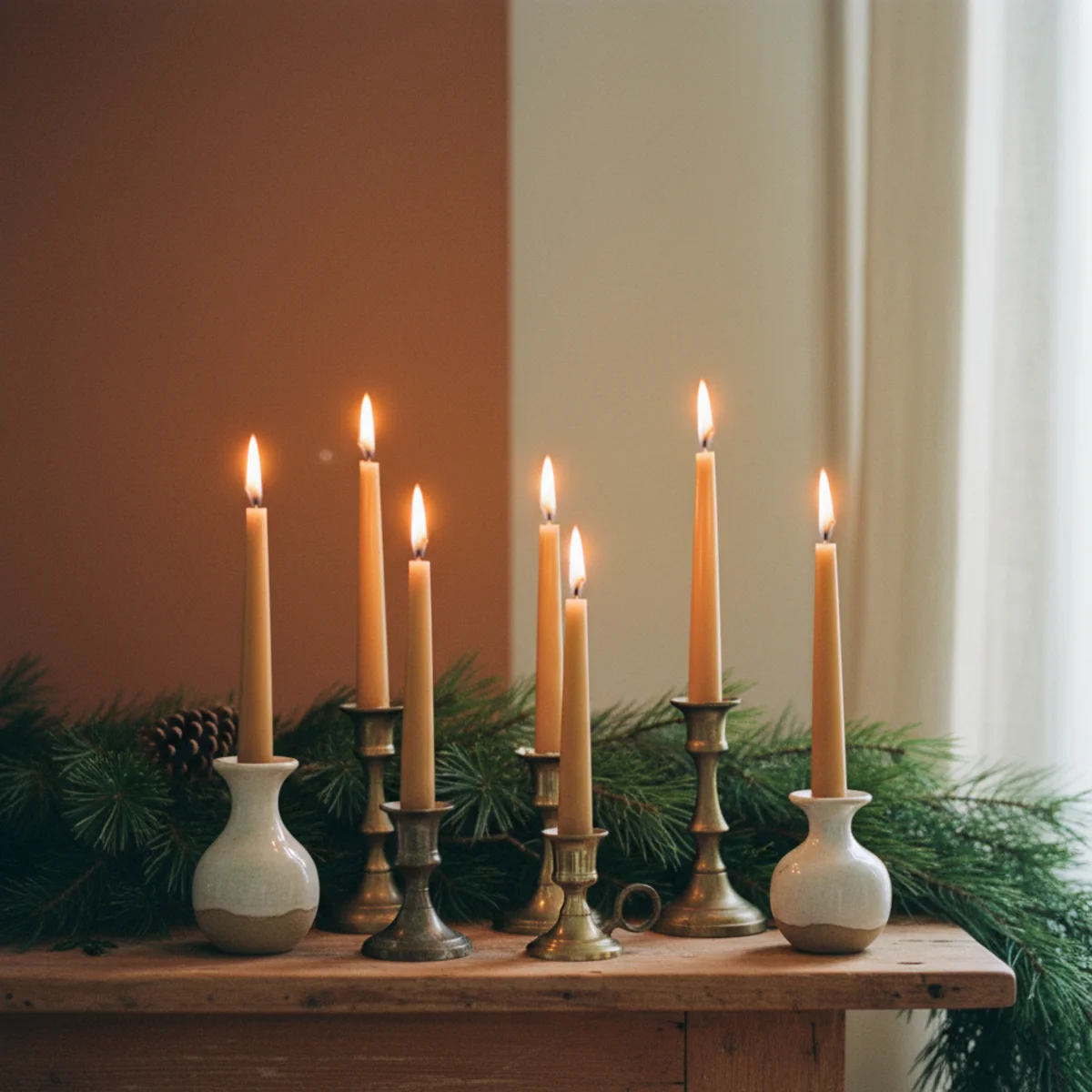 Cozy Christmas decor — six pure beeswax taper candles in vintage brass holders glowing warm across a Christmas dining table in a warm holiday interior — Home Decor Aura