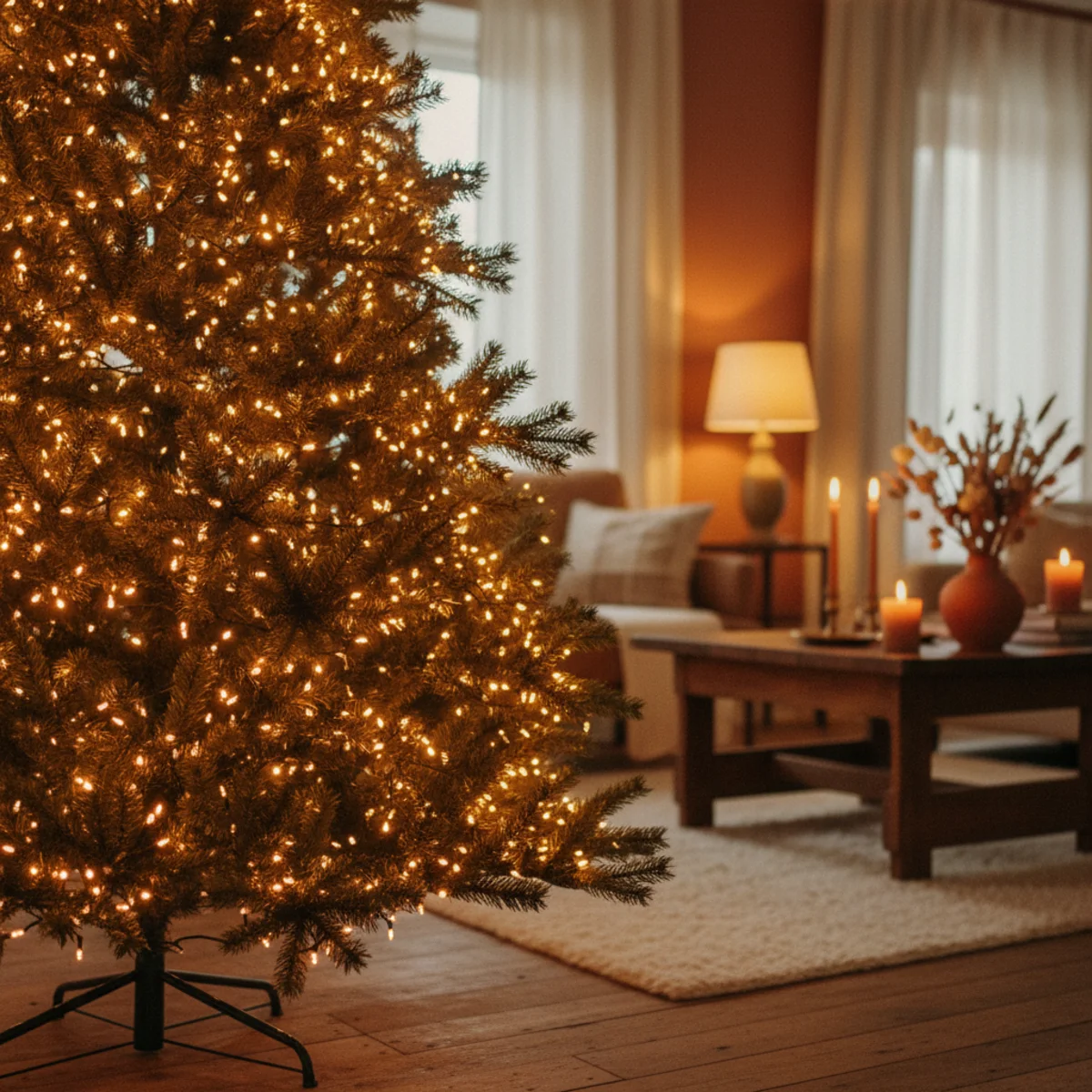 Cozy Christmas decor — Christmas tree and garland glowing with 2700K warm-white string lights and copper wire fairy lights in a warm cozy Christmas interior — Home Decor Aura