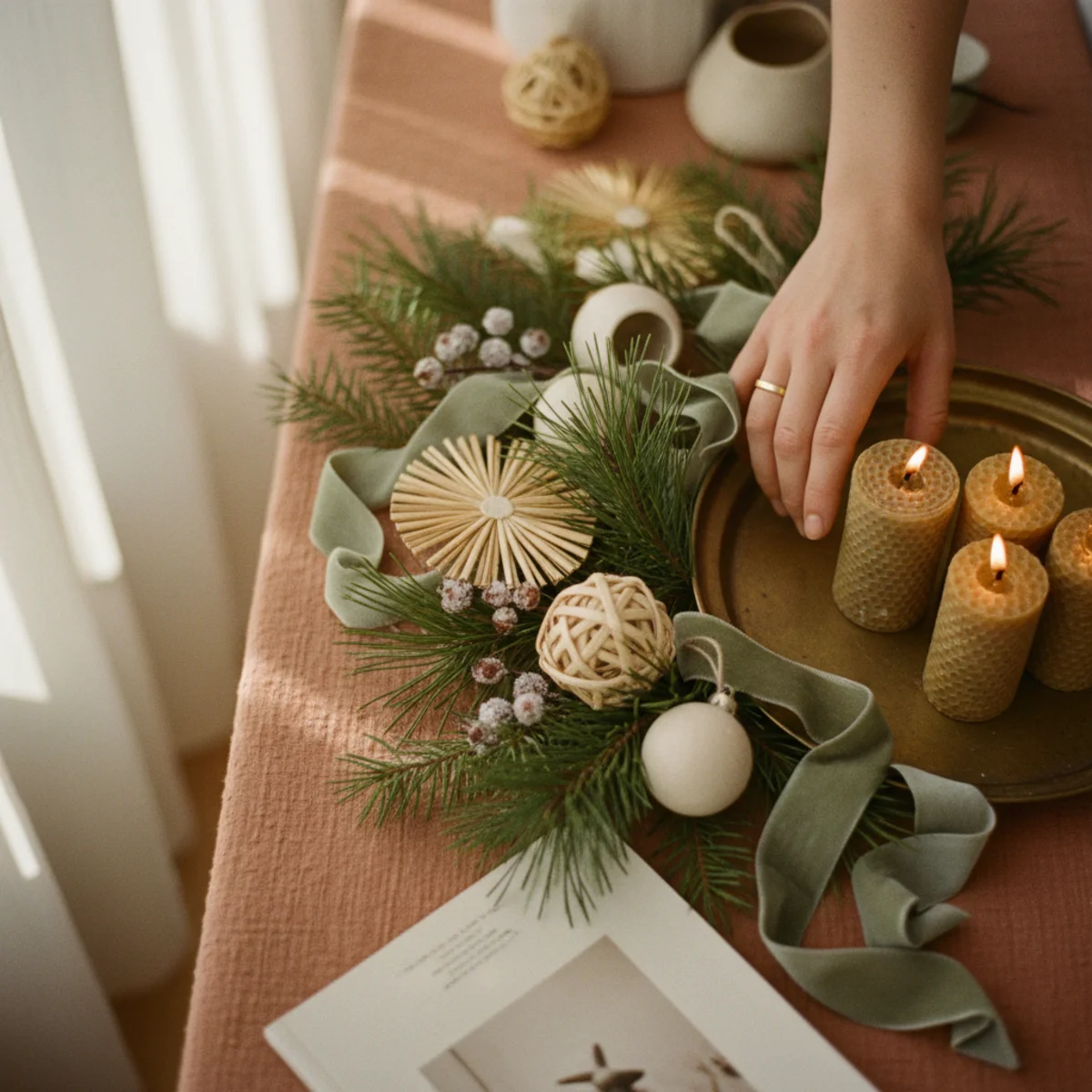 Cozy Christmas decor — Christmas living room with natural fresh evergreens, warm brass candleholders, cream textiles, and one accent color of muted terracotta in a warm cozy Christmas interior — Home Decor Aura