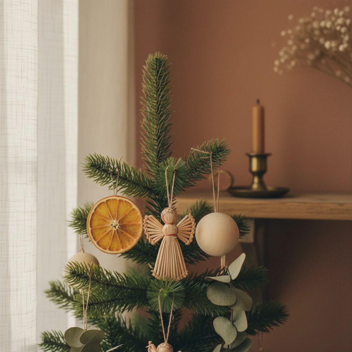Cozy Christmas decor — Christmas tree decorated with mixed natural ornaments including wooden carved pieces, hand-blown glass balls, paper stars, dried orange slices, and pinecones in a warm cozy Christmas interior — Home Decor Aura