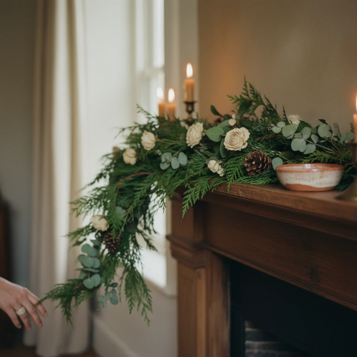 Cozy Christmas decor — Christmas mantel layered with thick fresh evergreen garland, five vintage brass candleholders with beeswax tapers, dried orange slices, copper fairy lights, and leaned framed botanical art in a warm cozy Christmas interior — Home Decor Aura