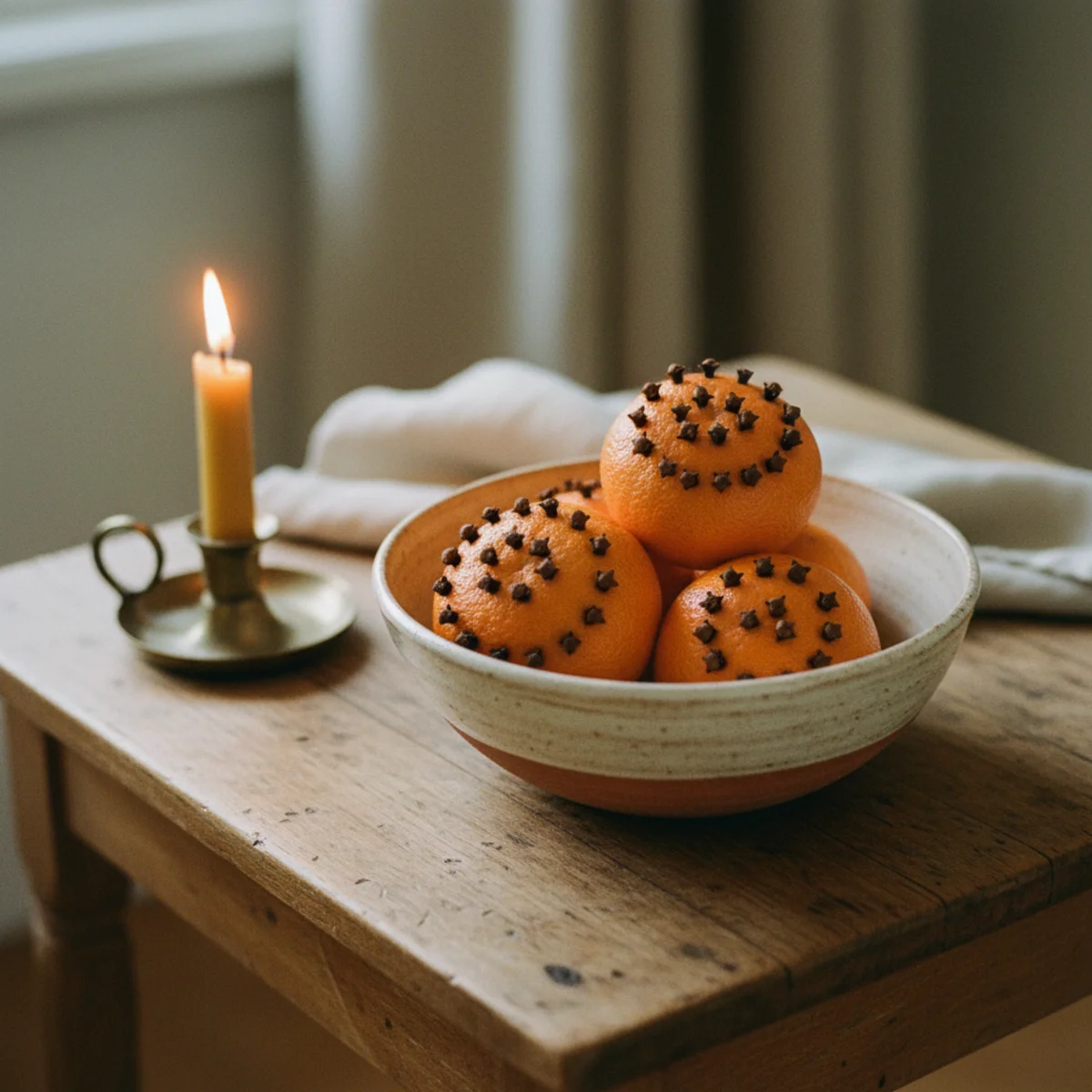 Cozy Christmas decor — wooden bowl filled with oranges and lemons studded with whole cloves in concentric ring patterns on a dining table in a warm cozy Christmas interior — Home Decor Aura