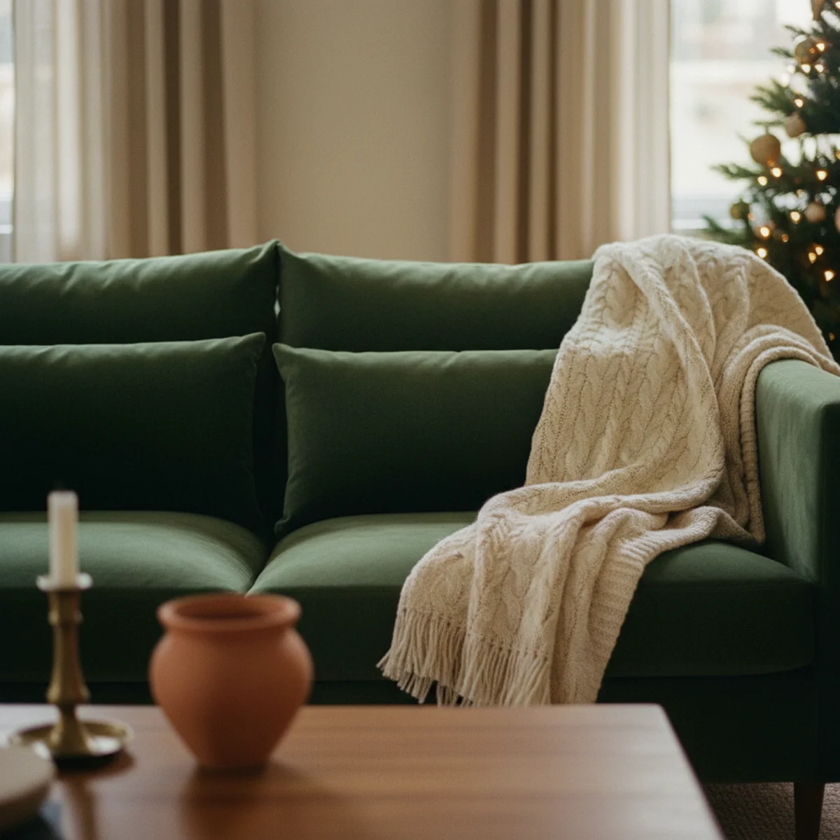 Cozy Christmas decor — Christmas living room with deep terracotta velvet cushions on sofa, cream wool tree skirt under tree, and wool throws in warm cozy Christmas interior — Home Decor Aura