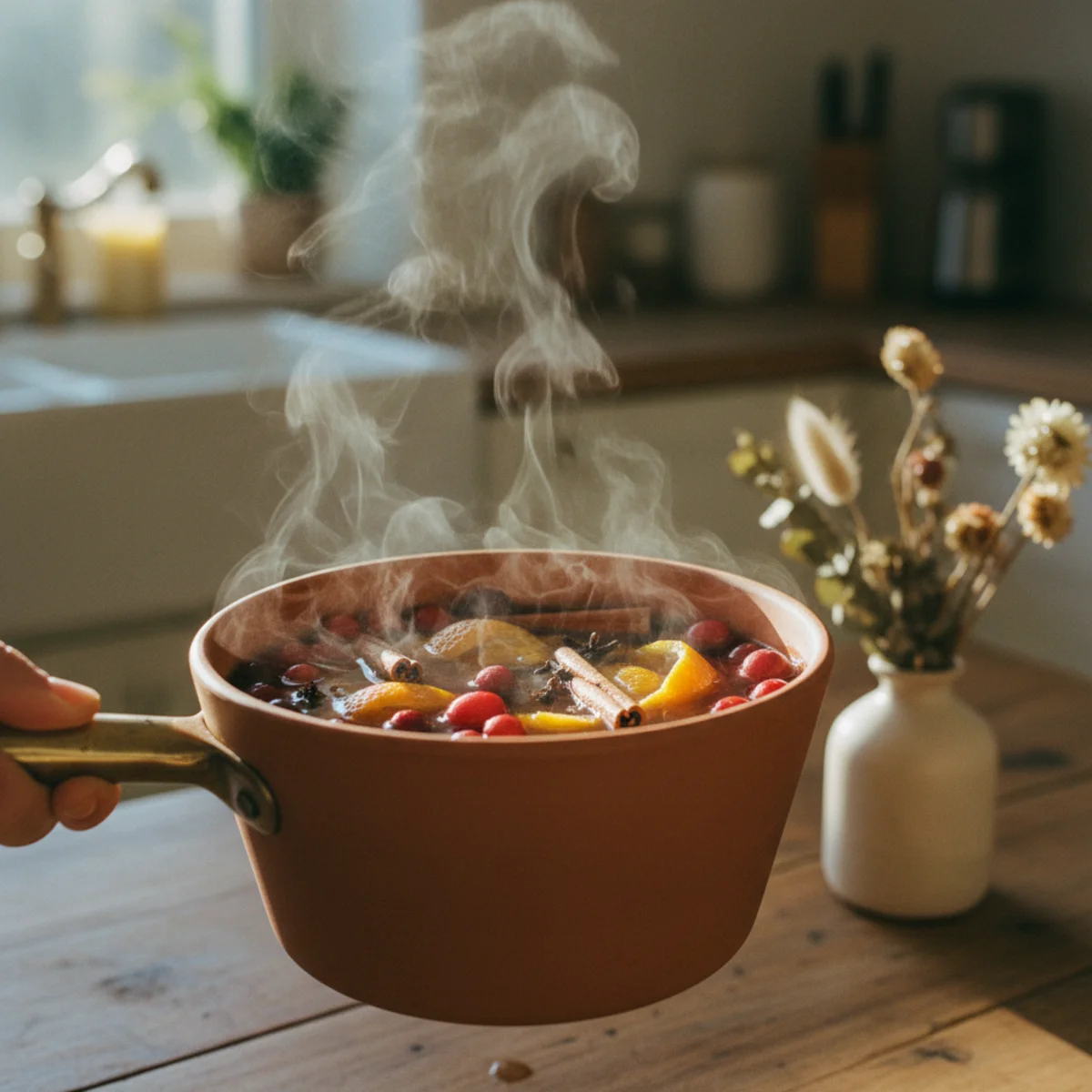 Cozy Christmas decor — small pot on stovetop simmering with apple cider, orange peels, cinnamon sticks, cloves, star anise, and fresh cranberries filling a warm cozy Christmas kitchen — Home Decor Aura