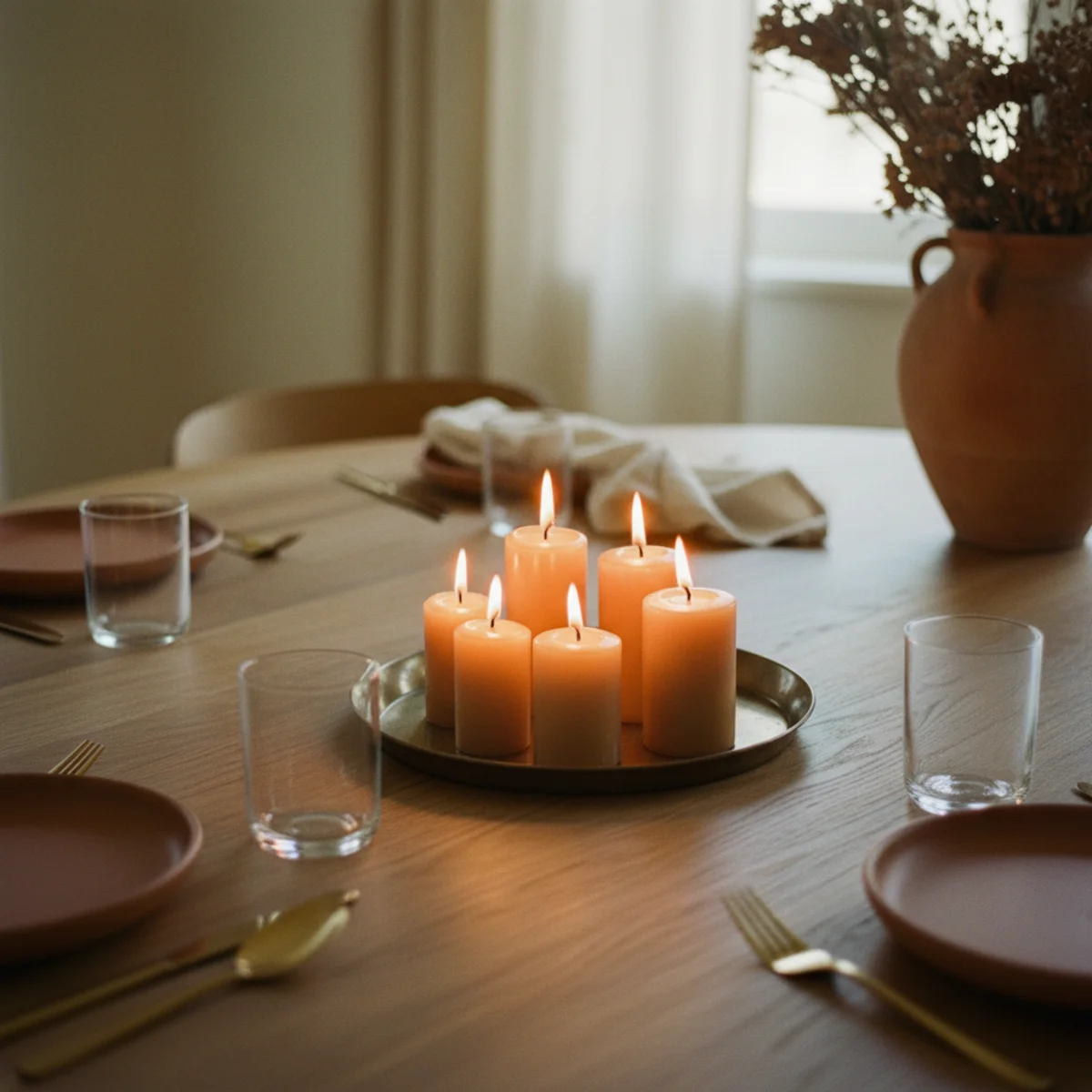 Cozy dinner party ideas — fully candlelit dining room with taper candles burning, overhead lights dimmed, and warm table lamp in corner all lit before guests arrive for a warm first impression — Home Decor Aura
