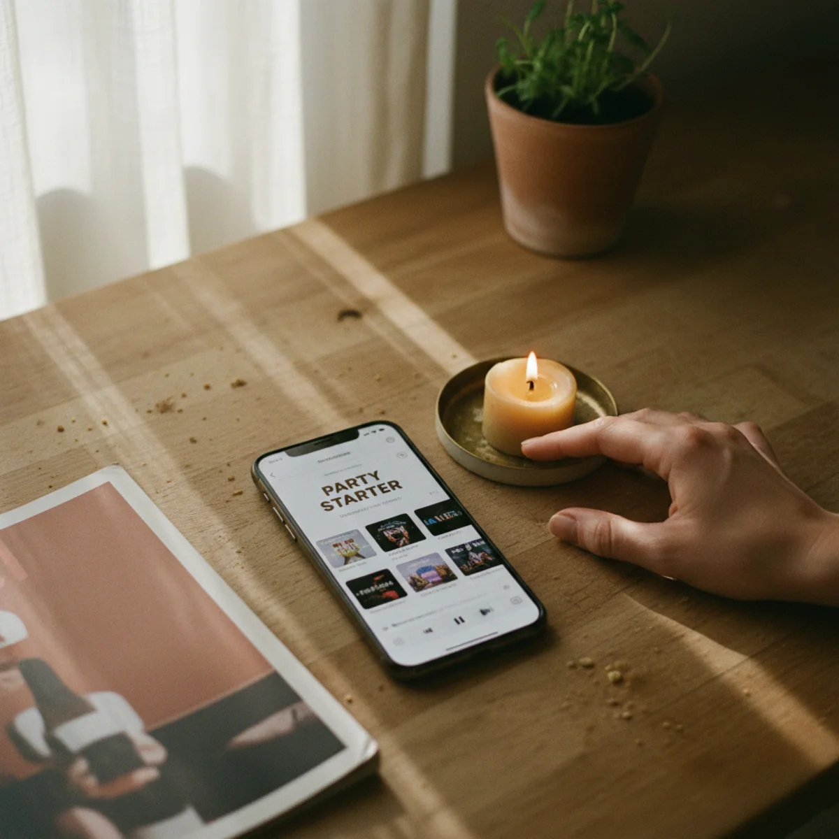 Cozy dinner party ideas — candlelit dining room with warm ambient music playing softly with jazz vinyl record visible suggesting the careful pre-made playlist creating acoustic warmth alongside candlelight — Home Decor Aura