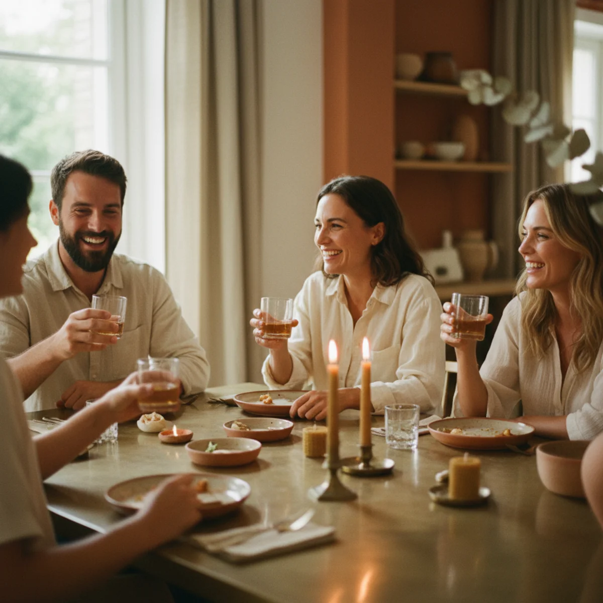 Cozy dinner party ideas — host seated at candlelit dinner table with guests all engaged in conversation with empty family-style serving dishes visible showing the fully present host during the meal — Home Decor Aura