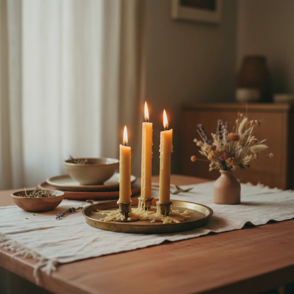 Cozy dinner party ideas — dining table with washed linen runner, mixed cream stoneware plates, loosely folded cloth napkins, taper candles in vintage brass holders, and low fresh flower centerpiece — Home Decor Aura