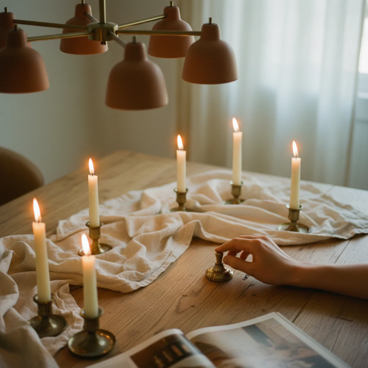 Cozy dinner party ideas — dining room with overhead chandelier dimmed to 15 percent brightness while taper candles provide warm primary table lighting creating intimate candlelit dinner atmosphere — Home Decor Aura