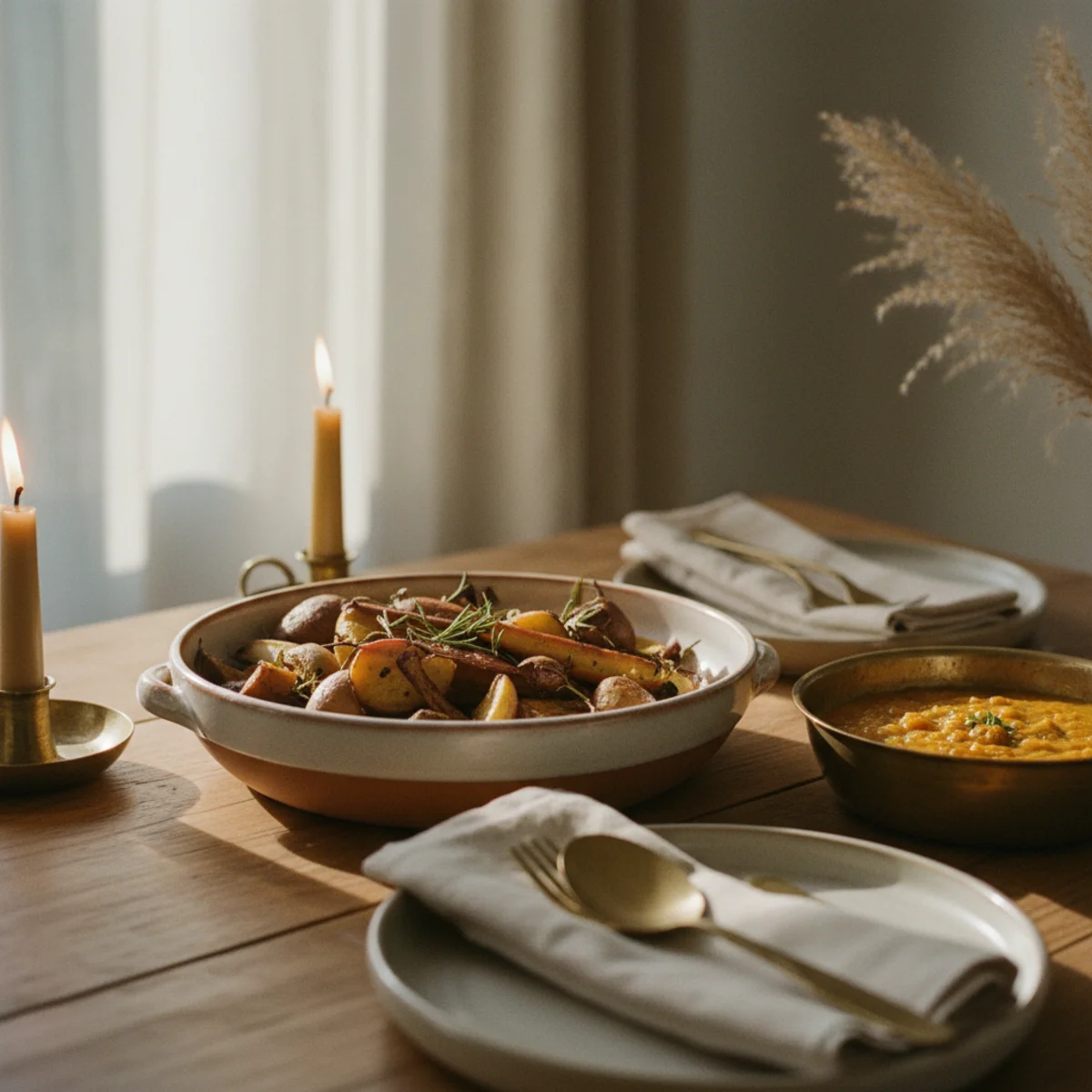 Cozy dinner party ideas — dining table with large ceramic platter of whole roasted chicken, ceramic bowl of roasted vegetables, and wooden board with crusty bread all arranged family-style for guests to serve themselves — Home Decor Aura