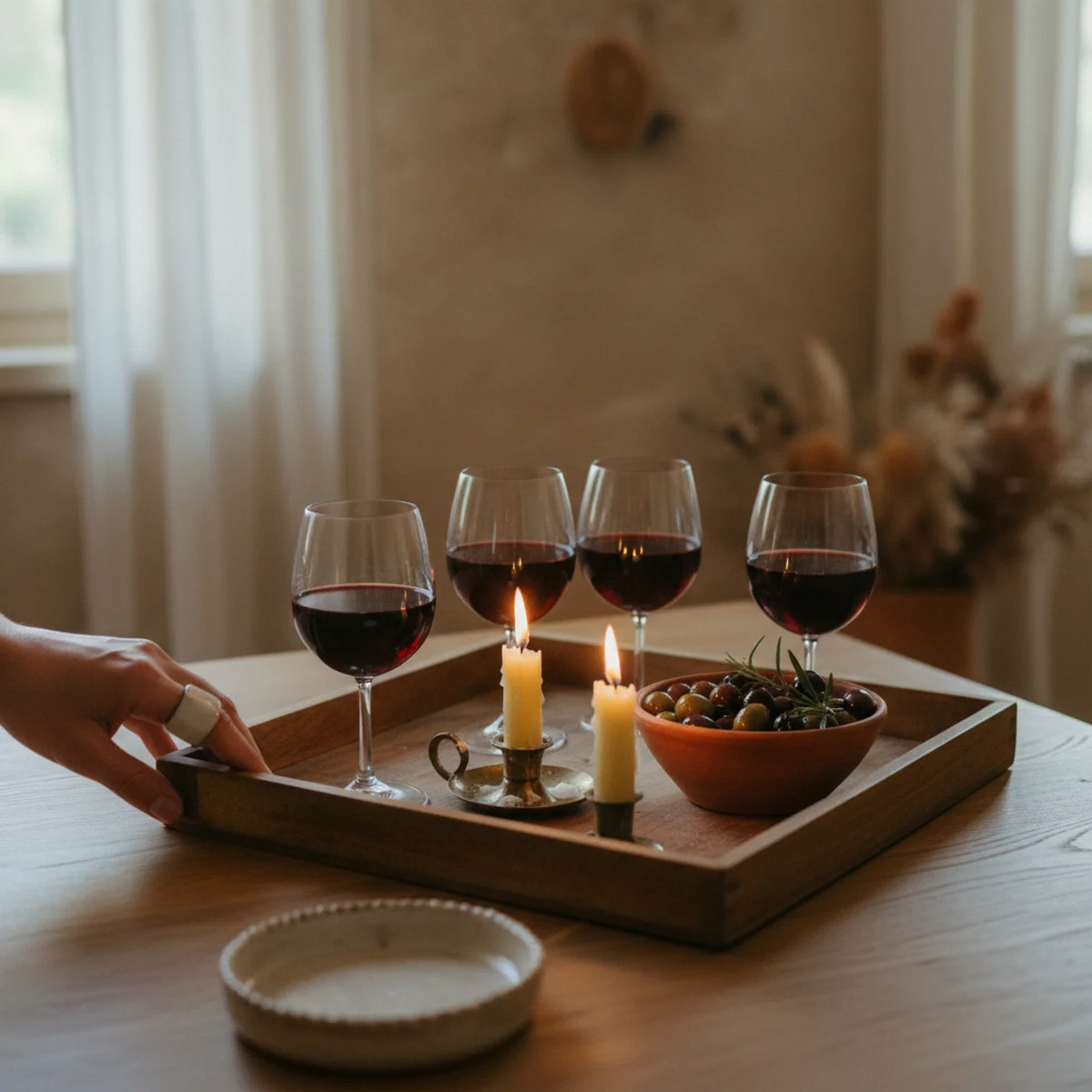Cozy dinner party ideas — kitchen island with first glasses of white wine already poured, small assembled cheese board, and bowl of olives all ready before first guest arrives for immediate warm welcome — Home Decor Aura