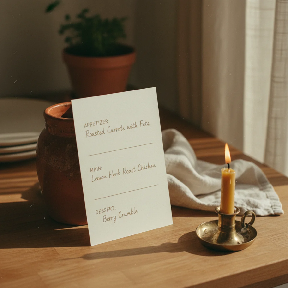 Cozy dinner party ideas — simple cozy dinner menu of assembled cheese board, whole roasted chicken on platter, roasted seasonal vegetables, and lemon tart representing quality-over-complexity approach — Home Decor Aura