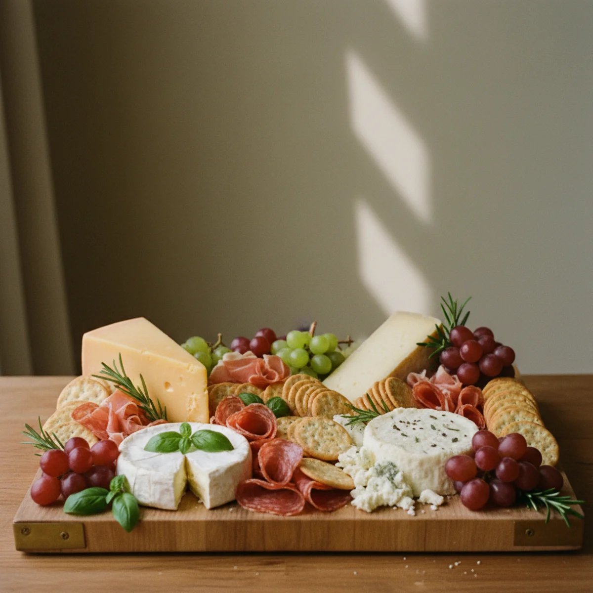 Cozy dinner party ideas — large wooden board assembled with three cheese types, prosciutto, coppa, honeycomb, fig jam, grapes, marcona almonds, and two cracker varieties — Home Decor Aura