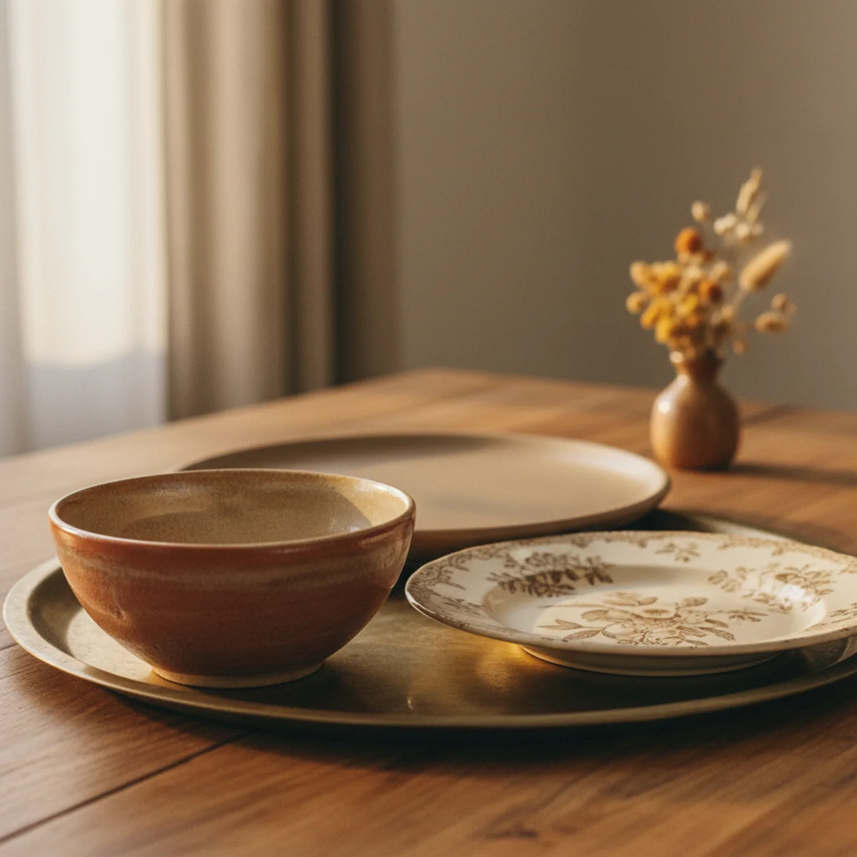 Cozy dinner party ideas — place setting with cream stoneware dinner plate, vintage pressed glass water glass, mixed vintage silver flatware, and loosely folded washed linen napkin on linen runner — Home Decor Aura