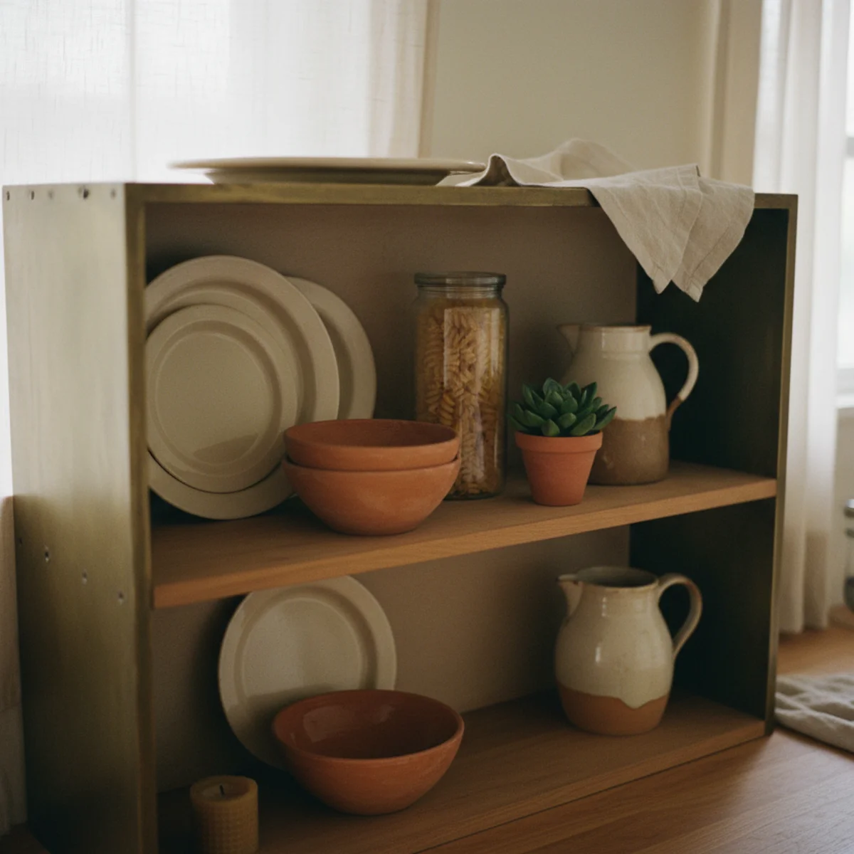 Cozy kitchen ideas — single oak open shelf installed above kitchen counter holding mugs and ceramics in a warm cozy kitchen — Home Decor Aura