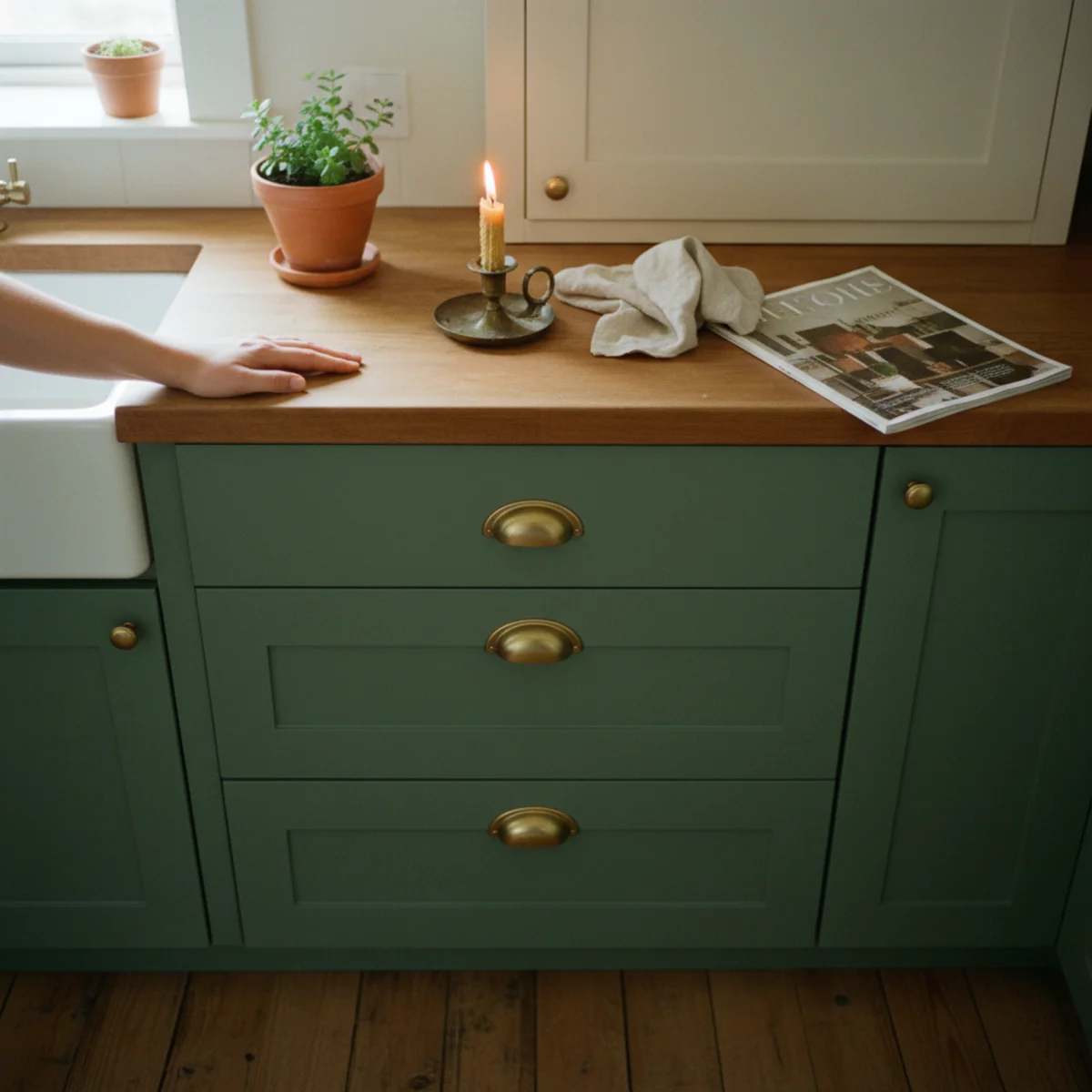 Cozy kitchen ideas — kitchen cabinets painted in muted sage green Farrow & Ball Mizzle with aged brass pulls in a warm cozy kitchen — Home Decor Aura