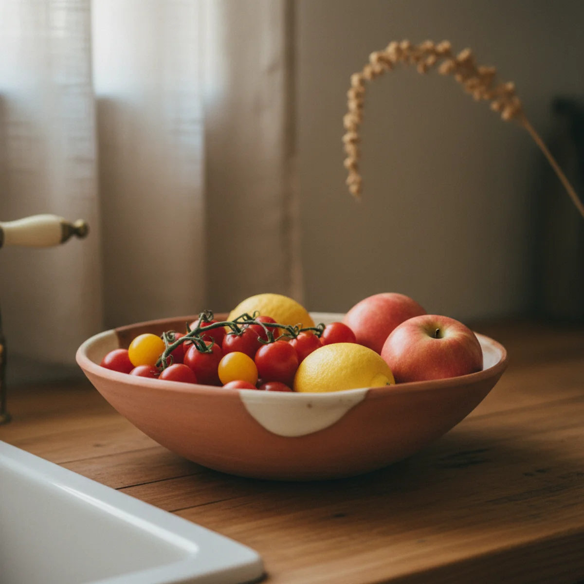 Cozy kitchen ideas — large oiled walnut bowl on kitchen counter filled with apples, lemons, and small pomegranates in a warm cozy kitchen — Home Decor Aura
