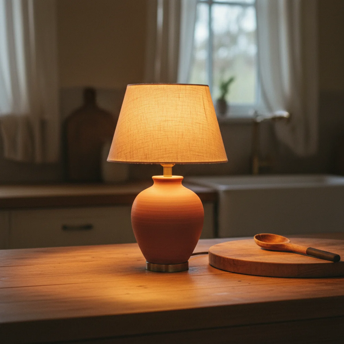 Cozy kitchen ideas — small brass table lamp at 22 inches glowing warm 2700K on a kitchen counter beside the coffee bar in pre-dawn light — Home Decor Aura