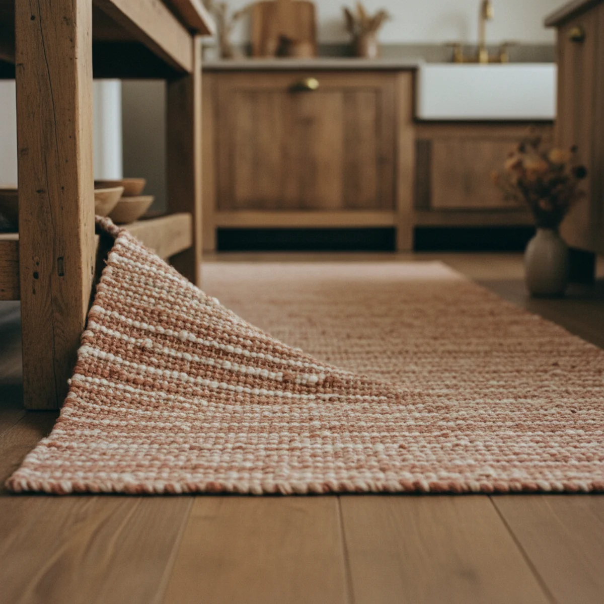 Cozy kitchen ideas — vintage wool runner in warm terracotta tones laid in front of kitchen sink in a warm cozy kitchen — Home Decor Aura