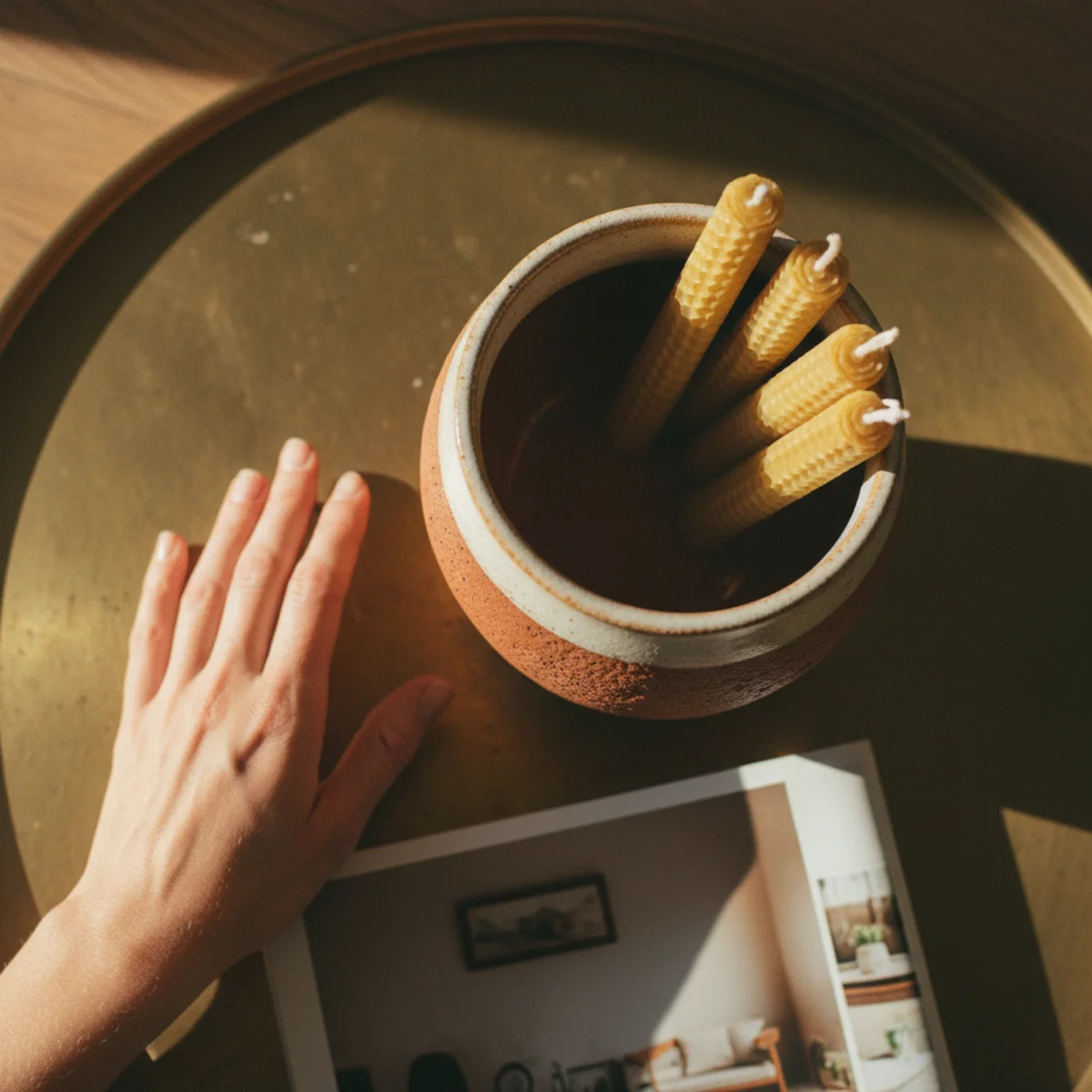 Cozy kitchen ideas — open shelf displaying earthenware bowls, stoneware mugs, and ceramic crock with wooden utensils in a warm cozy kitchen — Home Decor Aura