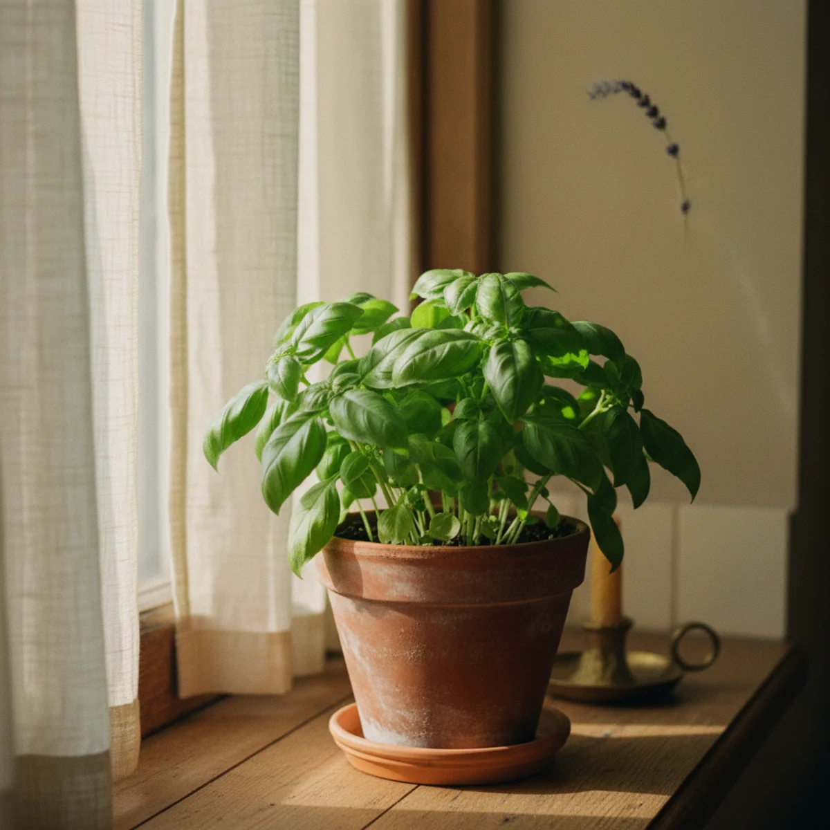 Cozy kitchen ideas — three small terracotta pots of basil, rosemary, and thyme growing on a sunny kitchen windowsill — Home Decor Aura