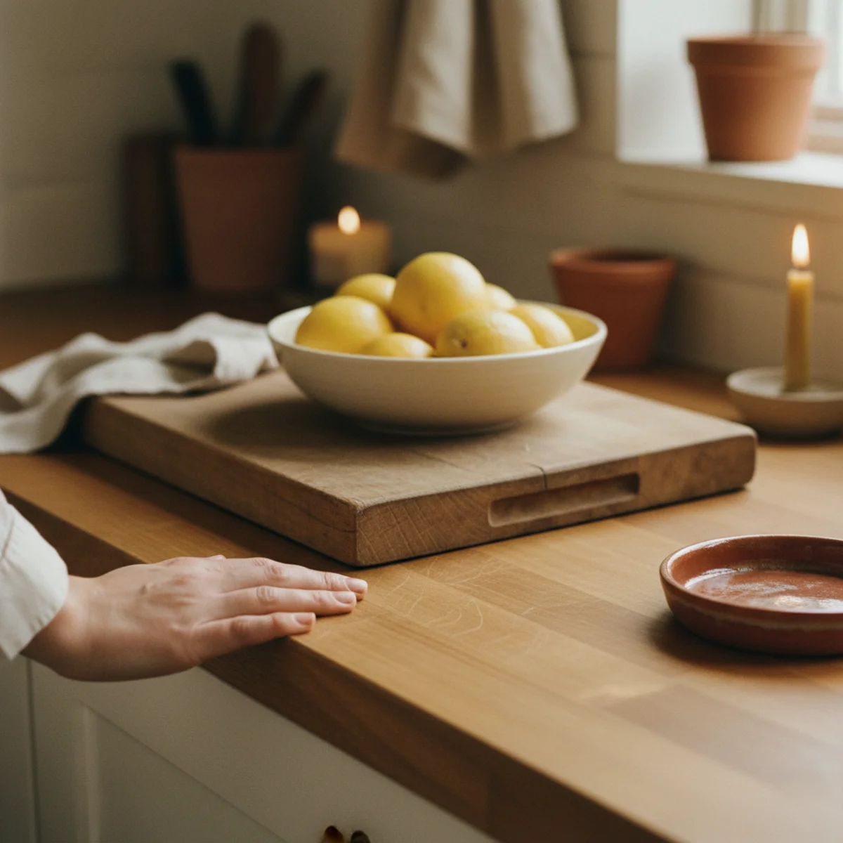Cozy kitchen ideas — warm wood cutting board, wood-handled utensils in ceramic crock, and wooden bowl holding fruit on a kitchen counter — Home Decor Aura