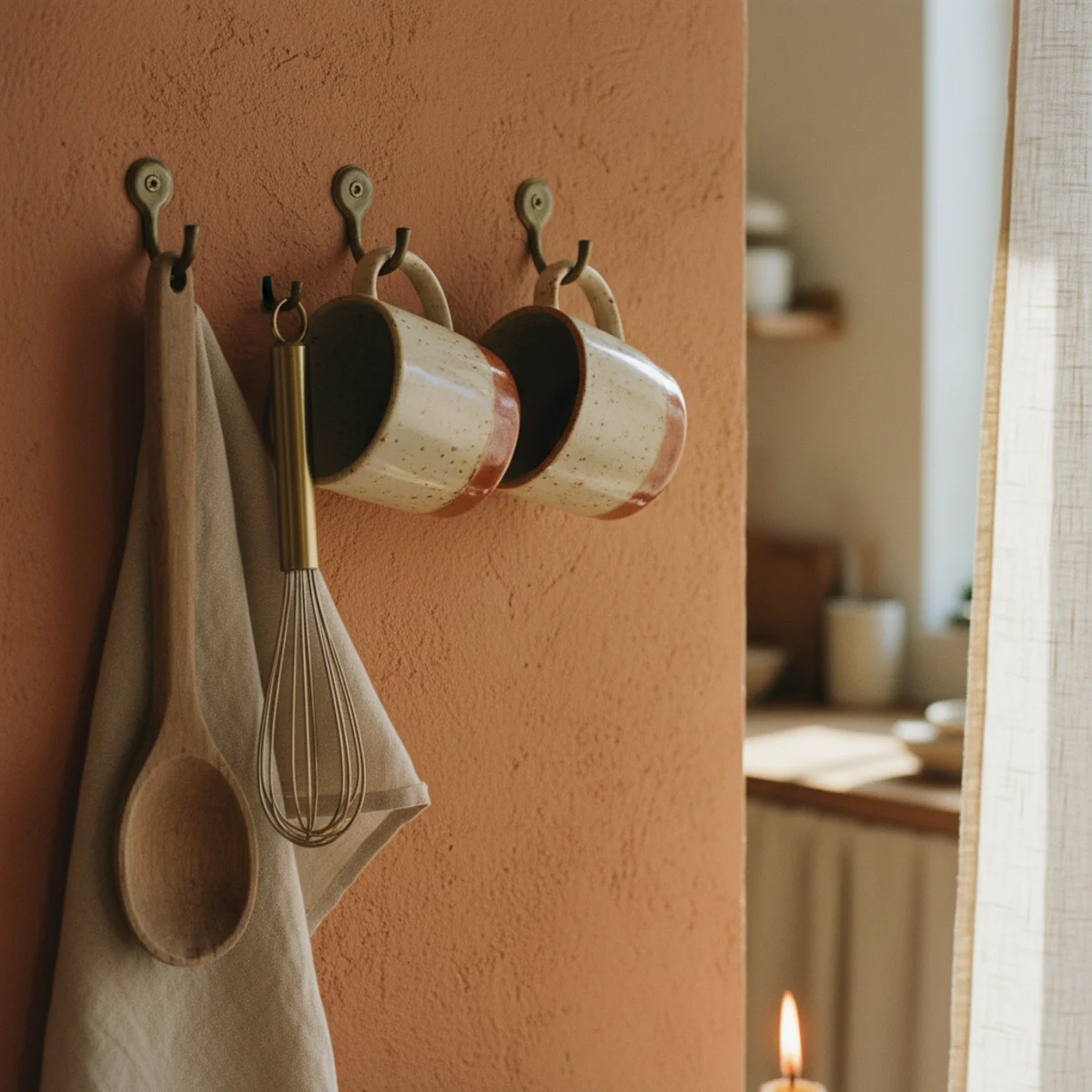 Cozy kitchen ideas — six mismatched mugs hung on hooks under an open shelf beside cooking utensils on wall hooks in a warm cozy kitchen — Home Decor Aura