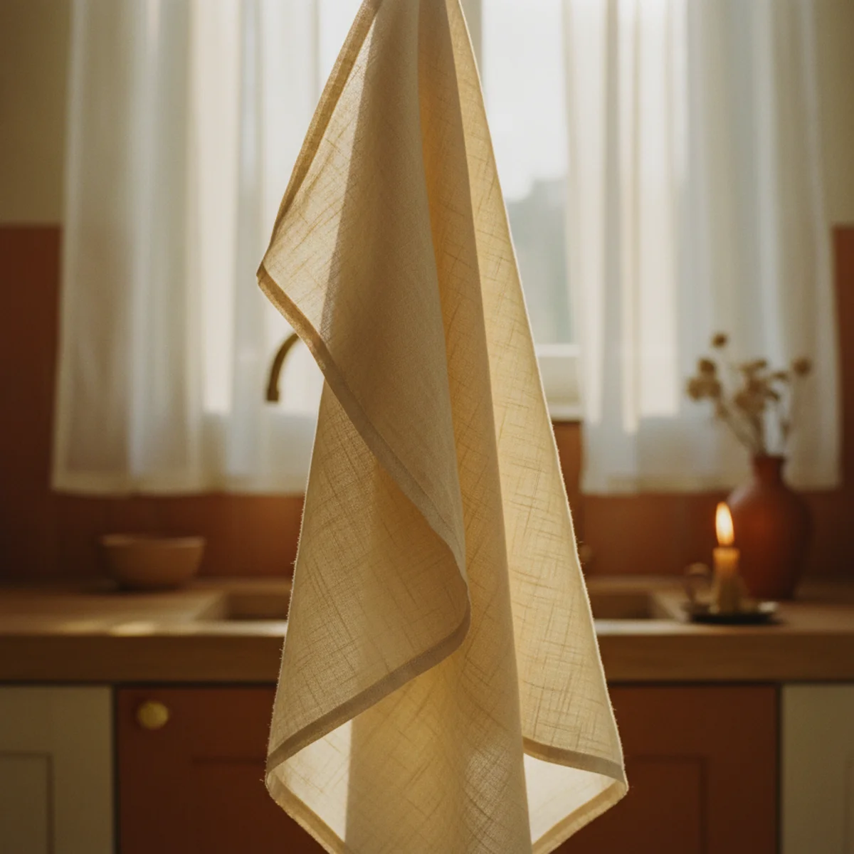 Cozy kitchen ideas — linen kitchen towel in oat tone hung from a brass ring beside the kitchen sink in a warm cozy kitchen — Home Decor Aura