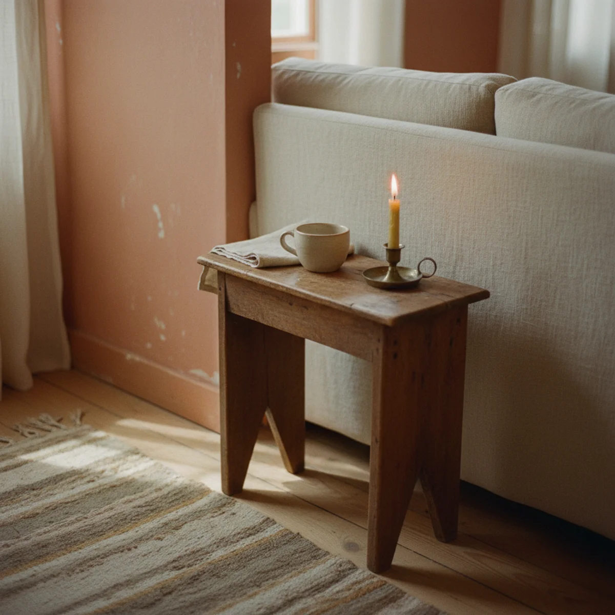 Cozy living room ideas — linen sofa pulled twelve inches off the wall with a slim console and warm lamp behind — Home Decor Aura