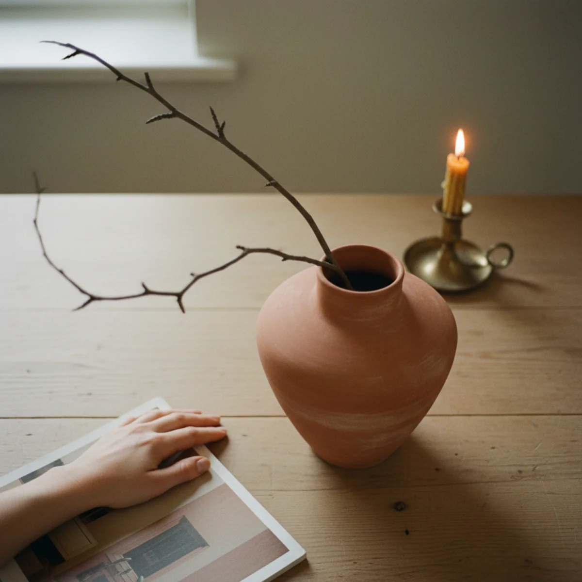 Cozy living room ideas — tall eucalyptus branch in a heavy terracotta urn beside a linen sofa — Home Decor Aura