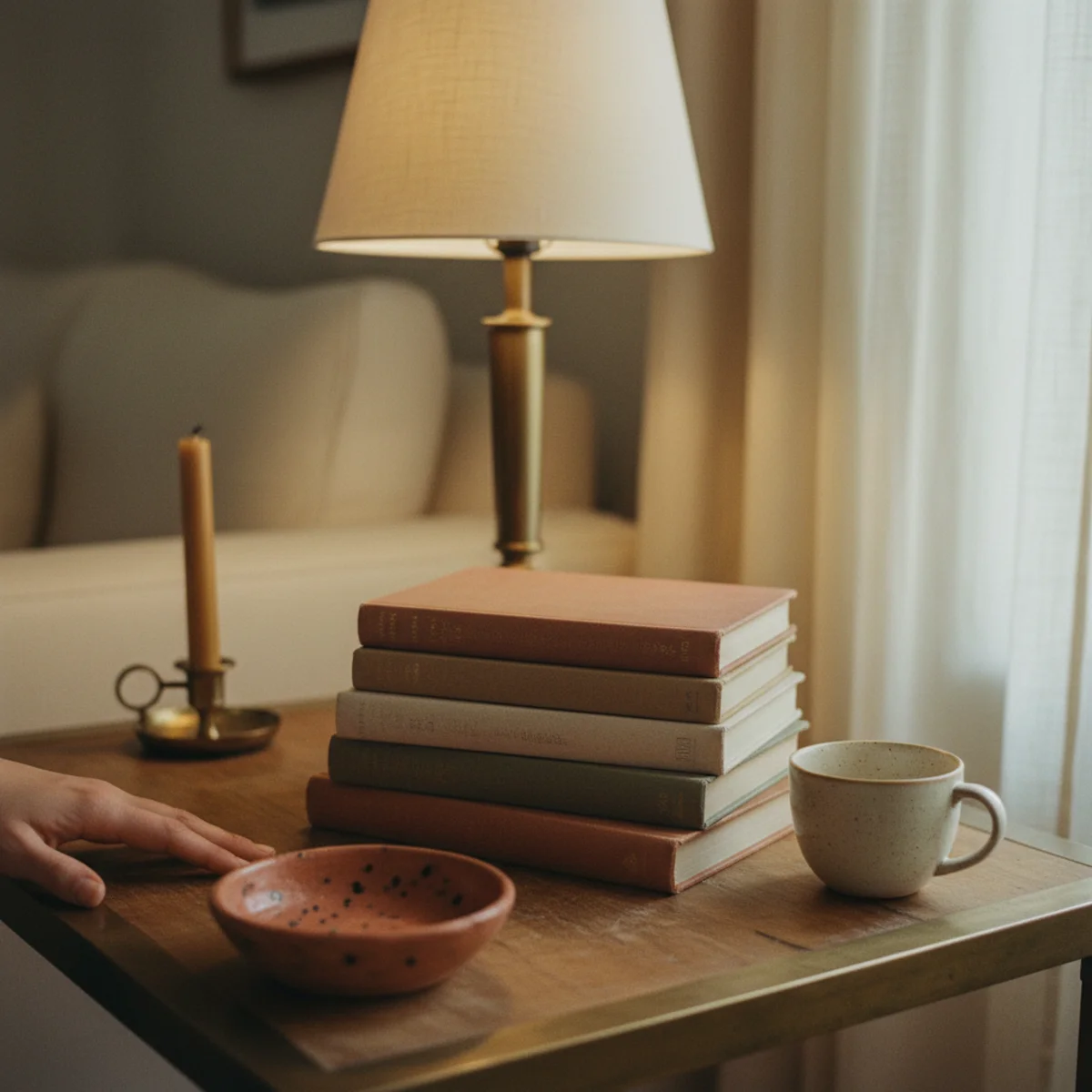 Cozy living room ideas — vintage cloth-bound books stacked on coffee table and floor — Home Decor Aura