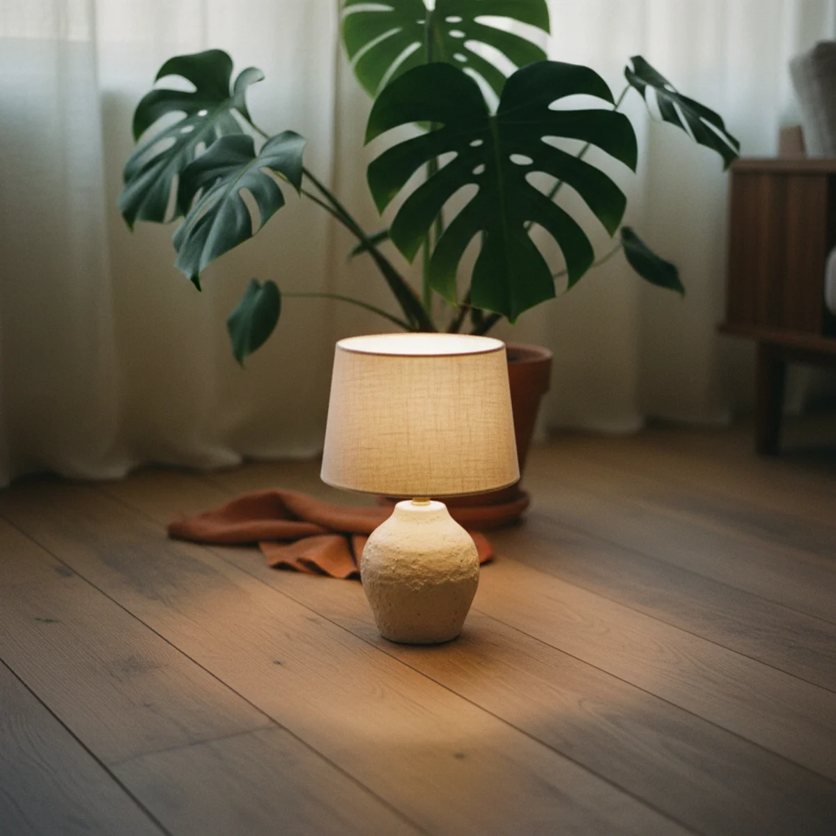 Cozy living room ideas — small uplight at floor height tucked behind a planter, casting warm light up the wall — Home Decor Aura