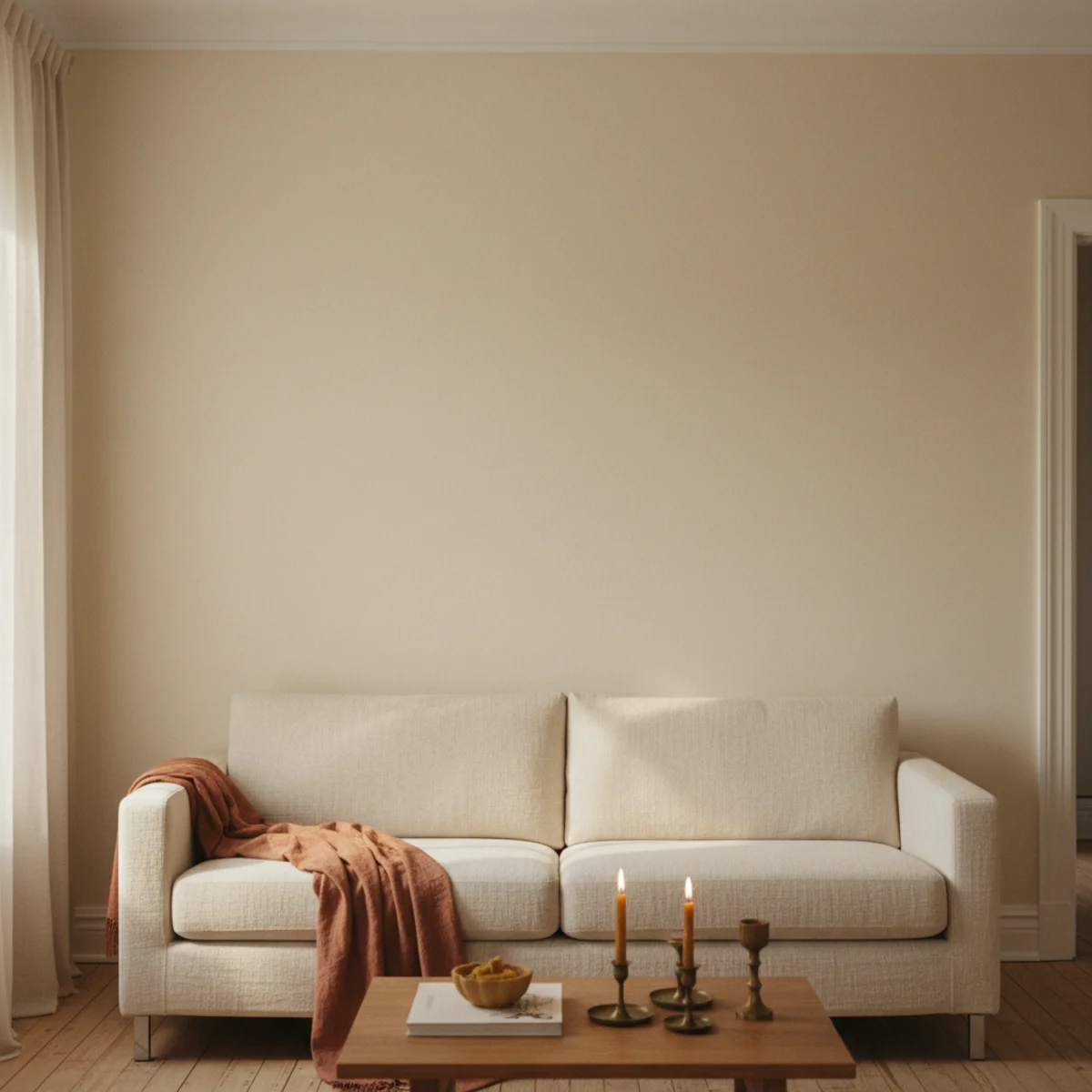 Cozy living room ideas — one mostly empty warm-white wall opposite the seating area — Home Decor Aura