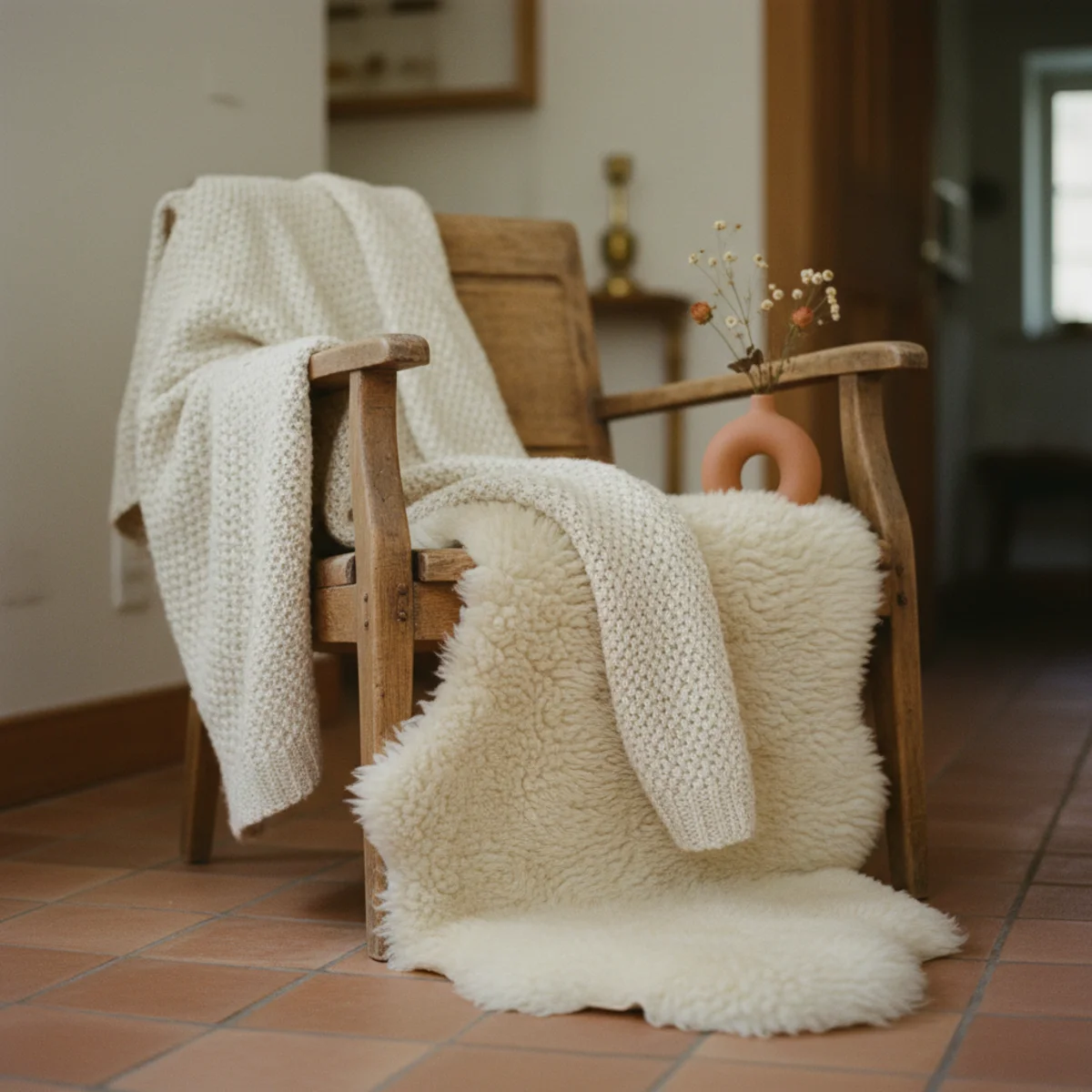 Cozy living room ideas — wool throw and sheepskin layered on a linen sofa — Home Decor Aura