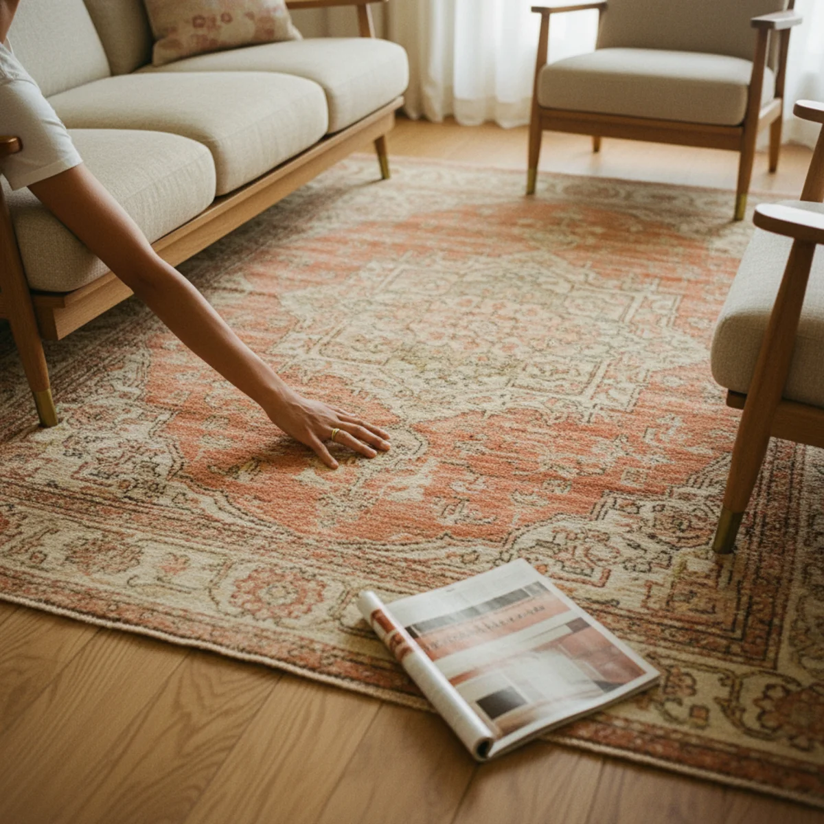 Cozy living room ideas — faded vintage Persian rug under a layered sofa — Home Decor Aura